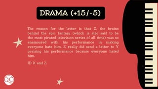 DRAMA (+15/-5)
The reason for the letter is that Z, the brains
behind the epic fantasy (which is also said to be
the most pirated television series of all time) was so
enamoured with his performance in making
everyone hate him. Z really did send a letter to Y
praising his performance because everyone hated
him.
ID X and Z
 