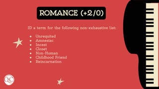 ROMANCE (+2/0)
ID a term for the following non-exhaustive list:
● Unrequited
● Amnesiac
● Incest
● Closet
● Non-Human
● Childhood Friend
● Reincarnation
 