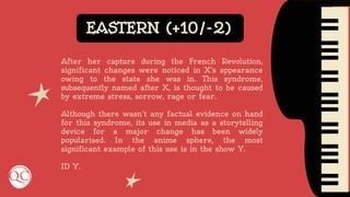 EASTERN (+10/-2)
After her capture during the French Revolution,
significant changes were noticed in X’s appearance
owing to the state she was in. This syndrome,
subsequently named after X, is thought to be caused
by extreme stress, sorrow, rage or fear.
Although there wasn’t any factual evidence on hand
for this syndrome, its use in media as a storytelling
device for a major change has been widely
popularised. In the anime sphere, the most
significant example of this use is in the show Y.
ID Y.
 