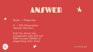 ANSWER
Blank → Plagiarism
X → DID (Dissociative
Identity Disorder)
Both the shows had
protagonists with DID and
HJM accused KMHM of
plagiarising their work
← TO MAIN BOARD
 