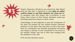 13 Project Semicolon (Project;) was started by Amy Bleuel
with the idea that "a semicolon is used when an author
could've chosen to end their sentence, but chose not to."
In solidarity with this project the co-producer X and
three other actors of this famous television series got
matching semicolon tattoos on their wrists.
Interestingly, X was supposed to play the protagonist of
the show but backed out and instead became executive
producer on the show. This was done so that a big name
does not overshadow the relatable protagonist the series
was trying to portray. X also contributed to the series in
yet another artistic way and is often seen hanging with
the members of the cast.
ID X and the television series
 