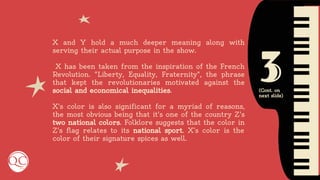 3
X and Y hold a much deeper meaning along with
serving their actual purpose in the show.
X has been taken from the inspiration of the French
Revolution. "Liberty, Equality, Fraternity", the phrase
that kept the revolutionaries motivated against the
social and economical inequalities.
X's color is also significant for a myriad of reasons,
the most obvious being that it's one of the country Z's
two national colors. Folklore suggests that the color in
Z's flag relates to its national sport. X’s color is the
color of their signature spices as well.
(Cont. on
next slide)
 