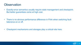 Observation
• Exactly-once semantics usually require state management and checkpoint.
But better guarantees come at high cost.
• There is no obvious performance difference in Flink when switching fault
tolerance on or off.
• Checkpoint mechanisms and storages play a critical role here.
42
 