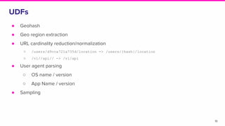 UDFs
● Geohash
● Geo region extraction
● URL cardinality reduction/normalization
○ /users/d9cca721a735d/location -> /users/{hash}/location
○ /v1//api// -> /v1/api
● User agent parsing
○ OS name / version
○ App Name / version
● Sampling
13
 