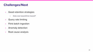 Challenges/Next
• Good retention strategies
‒ Data size based/time based?
• Query rate limiting
• Flink batch ingestion
• Anomaly detection
• Root cause analysis
23
 