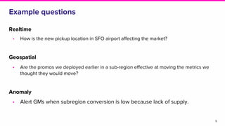 Example questions
Realtime
• How is the new pickup location in SFO airport affecting the market?
Geospatial
• Are the prom...