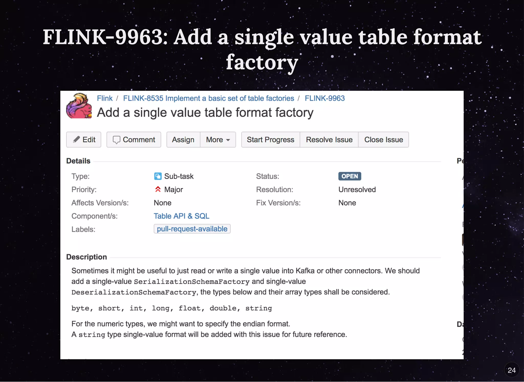 FLINK-9963: Add a single value table formatFLINK-9963: Add a single value table format
factoryfactory
24
 