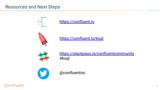 6
Resources and Next Steps
https://confluent.io
https://confluent.io/ksql
https://slackpass.io/confluentcommunity
#ksql
@confluentinc
 