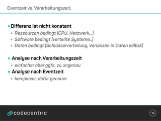 •Differenz ist nicht konstant
• Ressourcen bedingt (CPU, Netzwerk,..)
• Software bedingt (verteilte Systeme..)
• Daten bedingt (Schlüsselverteilung, Varianzen in Daten selbst)
•Analyse nach Verarbeitungszeit
• einfacher aber ggfs. zu ungenau
•Analyse nach Eventzeit
• komplexer, dafür genauer
Eventzeit vs. Verarbeitungszeit_
15
 