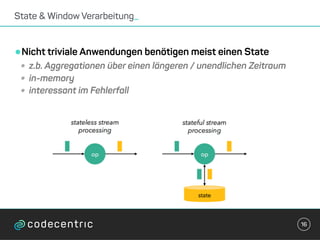 •Nicht triviale Anwendungen benötigen meist einen State
• z.b. Aggregationen über einen längeren / unendlichen Zeitraum
• in-memory
• interessant im Fehlerfall
State & Window Verarbeitung_
16
 