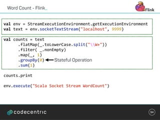 Word Count - Flink_
34
val	env	=	StreamExecutionEnvironment.getExecutionEnvironment	
val	text	=	env.socketTextStream("localhost",	9999)	
val	counts	=	text 
						.flatMap(_.toLowerCase.split("W+")) 
						.filter(	_.nonEmpty)	
						.map(_,	1)	
						.groupBy(0)	
						.sum(1)	
counts.print	
env.execute("Scala	Socket	Stream	WordCount")	
Stateful Operation
 