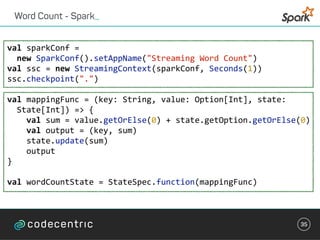 Word Count - Spark_
35
val	sparkConf	=	 
		new	SparkConf().setAppName("Streaming	Word	Count")	
val	ssc	=	new	StreamingContext(sparkConf,	Seconds(1))	
ssc.checkpoint(".")	
val	mappingFunc	=	(key:	String,	value:	Option[Int],	state:			
		State[Int])	=>	{	
				val	sum	=	value.getOrElse(0)	+	state.getOption.getOrElse(0)	
				val	output	=	(key,	sum)	
				state.update(sum)	
				output	
}	
val	wordCountState	=	StateSpec.function(mappingFunc)			
 