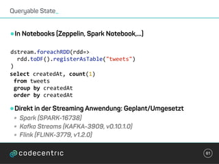 •In Notebooks (Zeppelin, Spark Notebook,...)
Queryable State_
61
dstream.foreachRDD(rdd=>	
		rdd.toDF().registerAsTable("tweets")	
)	
select	createdAt,	count(1)		
from	tweets		
group	by	createdAt		
order	by	createdAt
•Direkt in der Streaming Anwendung: Geplant/Umgesetzt
• Spark (SPARK-16738)
• Kafka Streams (KAFKA-3909, v0.10.1.0)
• Flink (FLINK-3779, v1.2.0)
 
