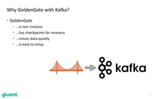 • GoldenGate	
• …is	non-invasive	
• …has	checkpoints	for	recovery	
• …moves	data	quickly	
• …is	easy	to	setup	
12
Why	GoldenGate	with	Kafka?
 