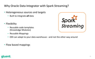 • Heterogeneous	sources	and	targets	
• Built	to	integrate	all	data
• Flexibility	
• Reusable	code	templates	 
(Knowledge	Modules)	
• Reusable	Mappings	
• ODI	can	adapt	to	your	data	warehouse	-	and	not	the	other	way	around
• Flow	based	mappings
13
Why	Oracle	Data	Integrator	with	Spark	Streaming?
 