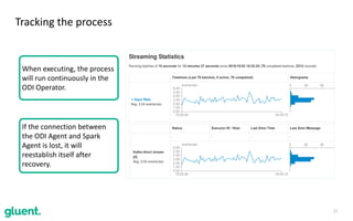 21
Tracking	the	process
When	executing,	the	process	
will	run	continuously	in	the	
ODI	Operator.
If	the	connection	between	
the	ODI	Agent	and	Spark	
Agent	is	lost,	it	will	
reestablish	itself	after	
recovery.
 