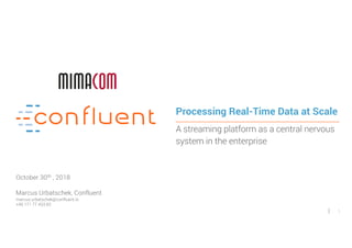 1
Processing Real-Time Data at Scale
A streaming platform as a central nervous
system in the enterprise
October 30th
, 2018
Marcus Urbatschek, Confluent
marcus.urbatschek@confluent.io
+49 171 77 433 83
 