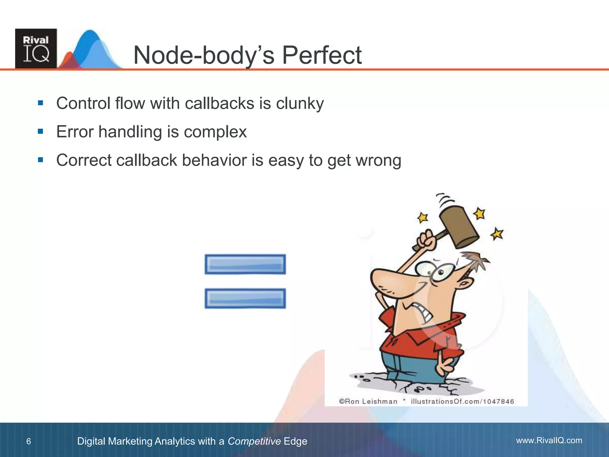 www.RivalIQ.comDigital Marketing Analytics with a Competitive Edge6
 Control flow with callbacks is clunky
 Error handling is complex
 Correct callback behavior is easy to get wrong
Node-body’s Perfect
 