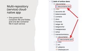 Multi-repository
(service) cloud-
native app
• One parent dev
container file and folder,
and one dev container
file in each service
 