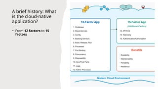 A brief history: What
is the cloud-native
application?
• From 12 factors to 15
factors
 