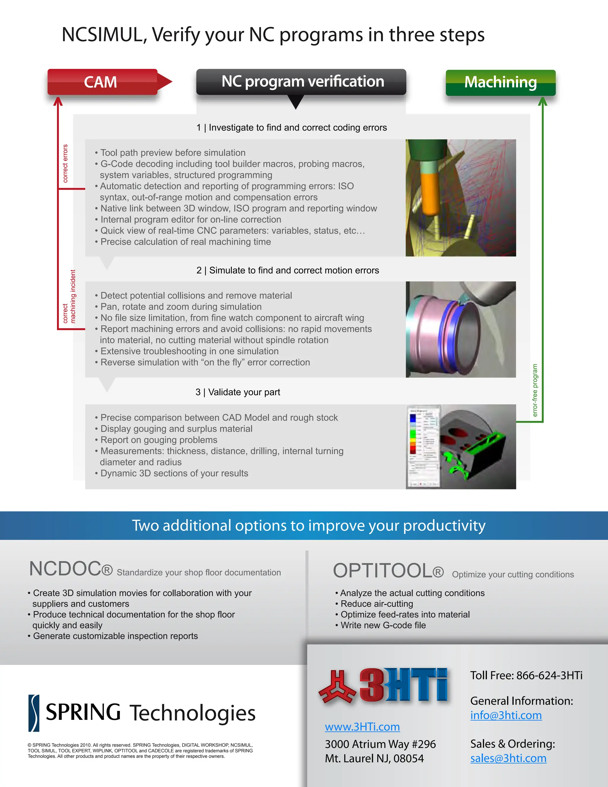 CAM Machining
1 | Investigate to find and correct coding errors
2 | Simulate to find and correct motion errors
3 | Validate your part
<
error-free
program
<
correct
errors
correct
machining
incident
• Tool path preview before simulation
• G-Code decoding including tool builder macros, probing macros,
system variables, structured programming
• Automatic detection and reporting of programming errors: ISO
syntax, out-of-range motion and compensation errors
• Native link between 3D window, ISO program and reporting window
• Internal program editor for on-line correction
• Quick view of real-time CNC parameters: variables, status, etc…
• Precise calculation of real machining time
• Detect potential collisions and remove material
• Pan, rotate and zoom during simulation
• No file size limitation, from fine watch component to aircraft wing
• Report machining errors and avoid collisions: no rapid movements
into material, no cutting material without spindle rotation
• Extensive troubleshooting in one simulation
• Reverse simulation with “on the fly” error correction
• Precise comparison between CAD Model and rough stock
• Display gouging and surplus material
• Report on gouging problems
• Measurements: thickness, distance, drilling, internal turning
diameter and radius
• Dynamic 3D sections of your results
Technologies
© SPRING Technologies 2010. All rights reserved. SPRING Technologies, DIGITAL WORKSHOP, NCSIMUL,
TOOL SIMUL, TOOL EXPERT, WIPLINK, OPTITOOL and CADECOLE are registered trademarks of SPRING
Technologies. All other products and product names are the property of their respective owners.
NCSIMUL, Verify your NC programs in three steps
Two additional options to improve your productivity
OPTITOOL® Optimize your cutting conditions
NCDOC® Standardize your shop floor documentation
• Create 3D simulation movies for collaboration with your
suppliers and customers
• Produce technical documentation for the shop floor
quickly and easily
• Generate customizable inspection reports
• Analyze the actual cutting conditions
• Reduce air-cutting
• Optimize feed-rates into material
• Write new G-code file
Toll Free: 866-624-3HTi
www.3HTi.com
3000 Atrium Way #296
Mt. Laurel NJ, 08054
General Information:
info@3hti.com
Sales & Ordering:
sales@3hti.com
 