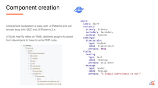 Component declaration is easy with UI Patterns and will
remain easy with SDC and UI Patterns 2.x.
UI Suite heavily relies on YAML declared plugins to avoid
front developers to have to write PHP code.
Component creation
alert:
label: Alert
variants:
primary: Primary
secondary: Secondary
success: Success
settings:
dismissible:
type: boolean
label: Dismissible?
preview: True
fields:
heading:
type: text
label: Heading
preview: Well done!
message:
type: render
label: Message
preview: "A simple alert—check it out!"
 