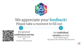 We appreciate your feedback!
Please take a moment to fill out:
the Individual
session surveys
(in the Mobile App or
QR code at the entrance of each room)
1 2
the general
conference survey
Flash the QR code
OR
It will be sent by email
 
