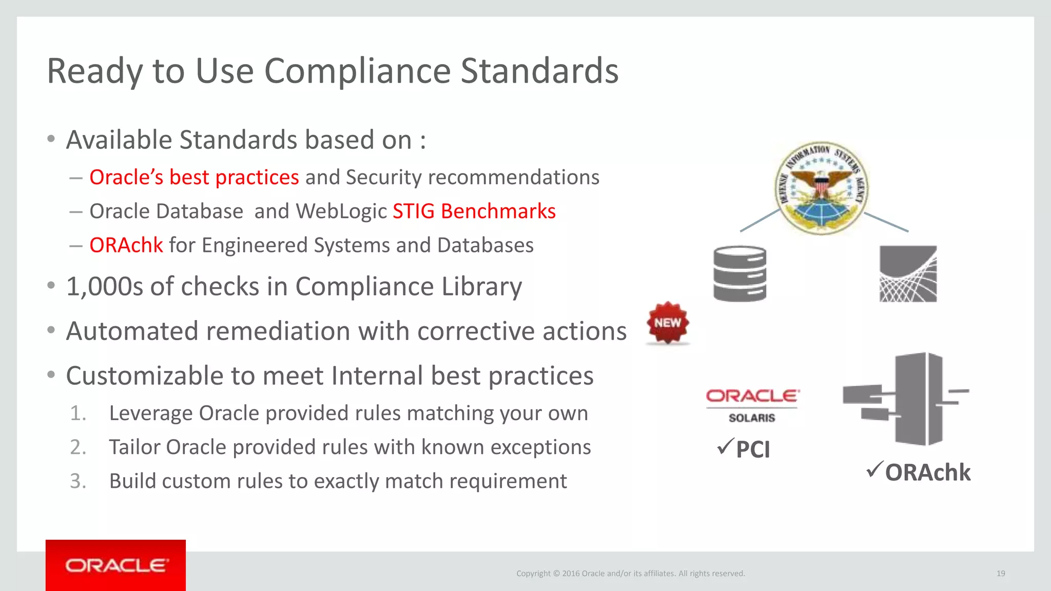 Copyright © 2016 Oracle and/or its affiliates. All rights reserved.
Ready to Use Compliance Standards
• Available Standards based on :
– Oracle’s best practices and Security recommendations
– Oracle Database and WebLogic STIG Benchmarks
– ORAchk for Engineered Systems and Databases
• 1,000s of checks in Compliance Library
• Automated remediation with corrective actions
• Customizable to meet Internal best practices
1. Leverage Oracle provided rules matching your own
2. Tailor Oracle provided rules with known exceptions
3. Build custom rules to exactly match requirement
19
PCI
ORAchk
 