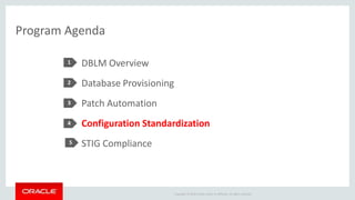 Copyright © 2016 Oracle and/or its affiliates. All rights reserved.
Program Agenda
DBLM Overview
Database Provisioning
Patch Automation
Configuration Standardization
STIG Compliance
1
2
3
4
5
 