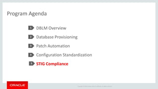 Copyright © 2016 Oracle and/or its affiliates. All rights reserved.
Program Agenda
DBLM Overview
Database Provisioning
Patch Automation
Configuration Standardization
STIG Compliance
1
2
3
4
5
 