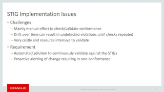 Copyright © 2016 Oracle and/or its affiliates. All rights reserved.
STIG Implementation Issues
• Challenges
– Mainly manual effort to check/validate conformance
– Drift over time can result in undetected violations until checks repeated
– Very costly and resource intensive to validate
• Requirement
– Automated solution to continuously validate against the STIGs
– Proactive alerting of change resulting in non-conformance
27
 