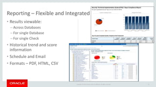 Copyright © 2016 Oracle and/or its affiliates. All rights reserved.
• Results viewable:
– Across Databases
– For single Database
– For single Check
• Historical trend and score
information
• Schedule and Email
• Formats – PDF, HTML, CSV
33
Reporting – Flexible and Integrated
 