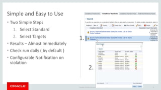 Copyright © 2016 Oracle and/or its affiliates. All rights reserved. 34
Simple and Easy to Use
• Two Simple Steps
1. Select Standard
2. Select Targets
• Results – Almost Immediately
• Check run daily ( by default )
• Configurable Notification on
violation
1.
2.
 