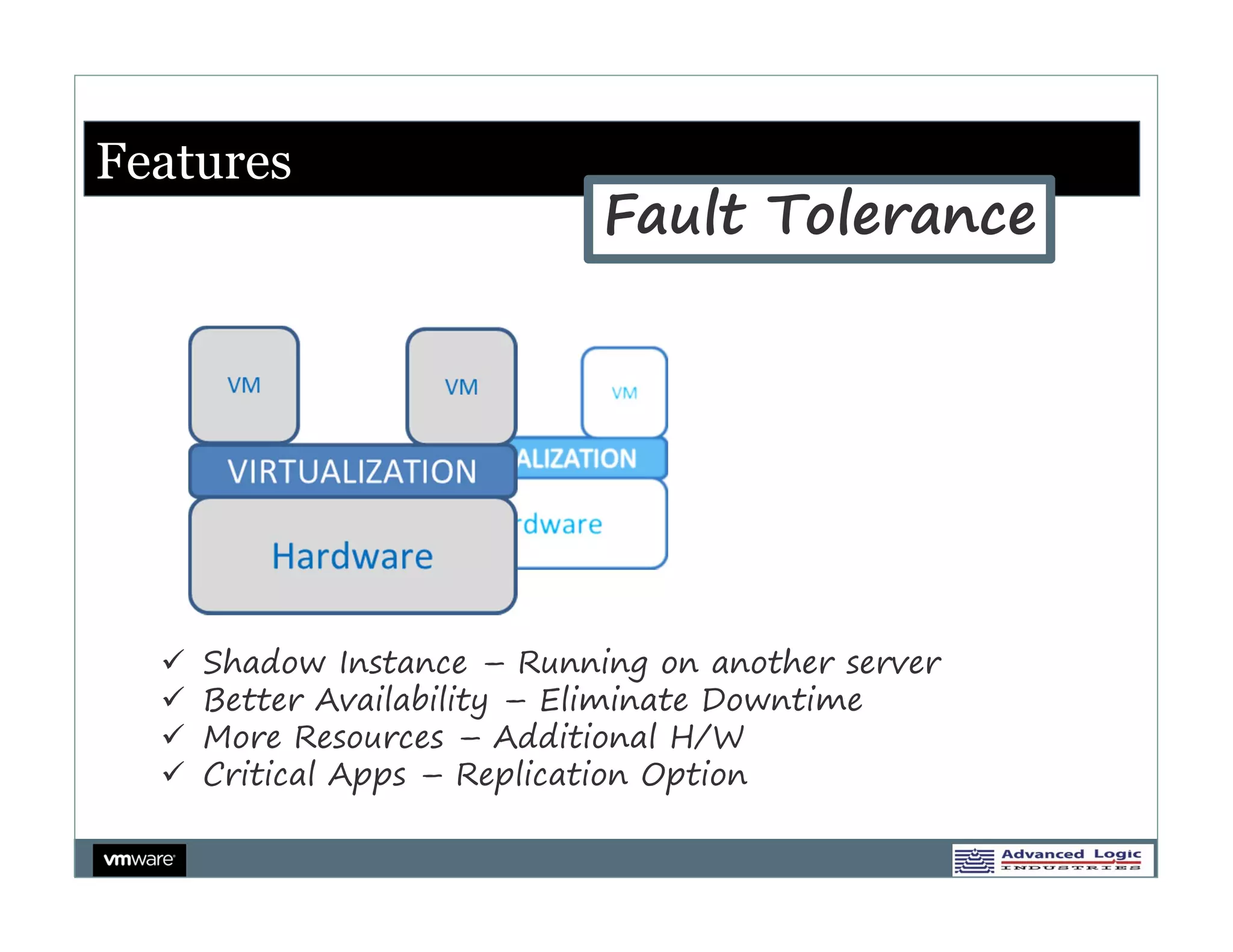 Features
                             Fault Tolerance




     Shadow Instance – Running on another server
     Better Availability – Eliminate Downtime
     More Resources – Additional H/W
     Critical Apps – Replication Option
 