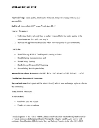 STREAMLINE SHUFFLE


Keywords/Tags: water quality, point source pollution, non-point source pollution, civic
responsibility

Skill level: Intermediate (6-8th grade; Youth Ages 11-13)

Learner Outcomes:

   1. Understand that we all contribute to and are responsible for the water quality in the
       watershed(s) we live, work, and play in
   2. Increase our opportunities to educate others on water quality in your community


Life Skills:

       Head/Thinking: Critical Thinking and Learning to Learn
       Heart/Relating: Communication and
       Heart/Caring: Sharing
       Hands/Giving: Responsible Citizenship
       Health/Being: Self-Responsibility

National Educational Standards: 4B/M8*, 4B/M11bc*, 4C/M7, 6E/M5, 11A/M2, 11A/M3

Florida State Educational Standards:

Success Indicator: Participants will be able to identify a local issue and design a plan to educate
the community.

Time Needed: 30 minutes

Materials List:

       One index card per student
       Pencils, crayons, or makers




The development of the Florida 4-H2O Ambassadors Curriculum was funded by the University
of Florida Extension Enhancement Grant. Principal Investigator was Dr. Amy Shober with
assistance from Charlotte, Hillsborough, Bay, and Jackson Counties in the pilot. 2011-2012.
 