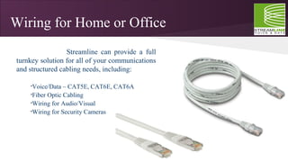 Wiring for Home or Office
Streamline can provide a full
turnkey solution for all of your communications
and structured cabling needs, including:
•Voice/Data – CAT5E, CAT6E, CAT6A
•Fiber Optic Cabling
•Wiring for Audio/Visual
•Wiring for Security Cameras
 