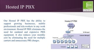 Hosted IP PBX
Our Hosted IP PBX has the ability to
support growing businesses, mobile
professionals and tele-workers in any work
environment. Hosted IP PBX eliminates the
need for outdated and expensive PBX
equipment. It also reduces your monthly
cost by eliminating the need for multiple
carriers and unnecessary PRI charges.
 