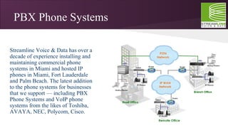 PBX Phone Systems
Streamline Voice & Data has over a
decade of experience installing and
maintaining commercial phone
systems in Miami and hosted IP
phones in Miami, Fort Lauderdale
and Palm Beach. The latest addition
to the phone systems for businesses
that we support — including PBX
Phone Systems and VoIP phone
systems from the likes of Toshiba,
AVAYA, NEC, Polycom, Cisco.
 