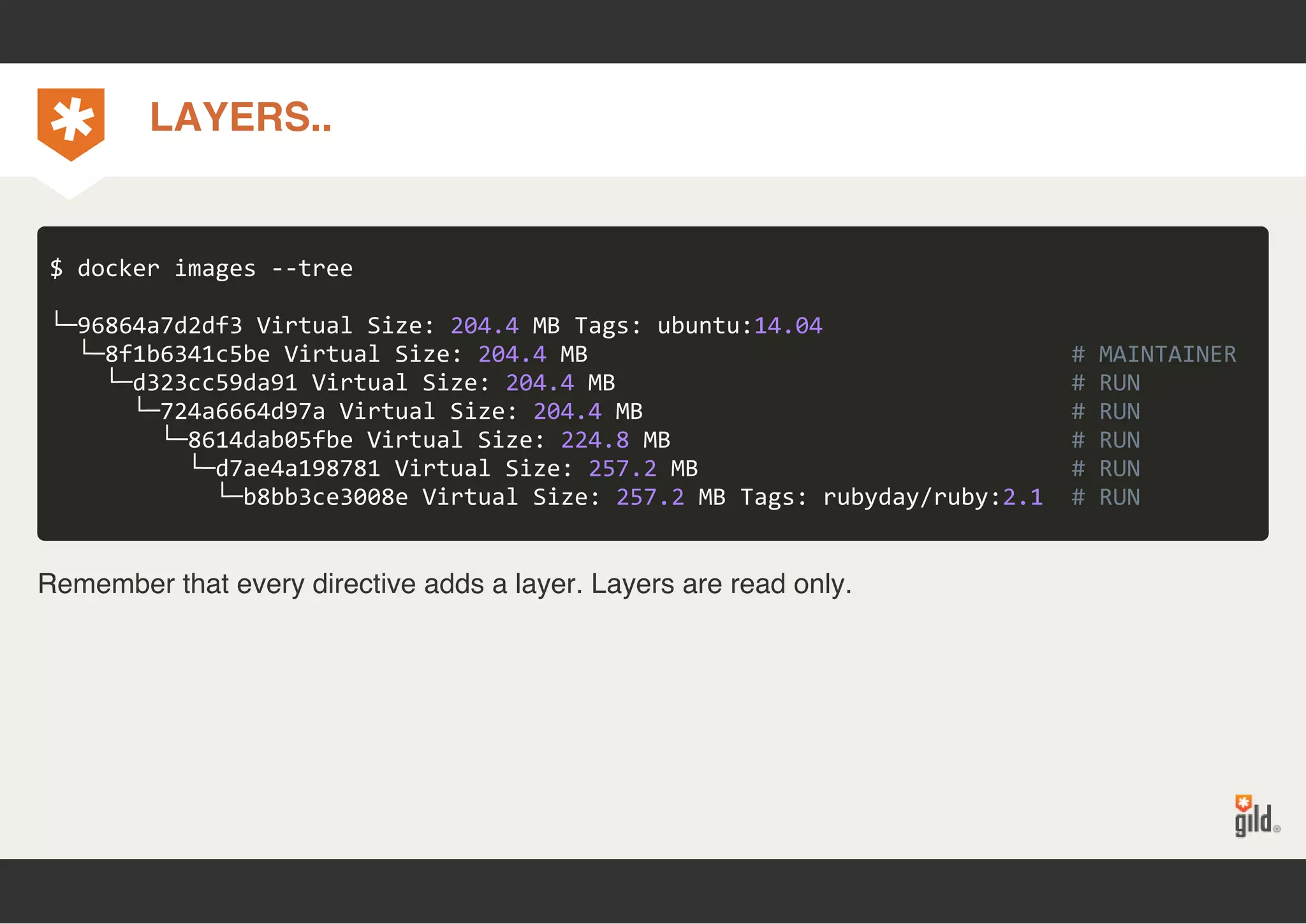 LAYERS.. 
$ docker images ‐‐tree 
└─96864a7d2df3 Virtual Size: 204.4 MB Tags: ubuntu:14.04 
└─8f1b6341c5be Virtual Size: 204.4 MB # MAINTAINER 
└─d323cc59da91 Virtual Size: 204.4 MB # RUN 
└─724a6664d97a Virtual Size: 204.4 MB # RUN 
└─8614dab05fbe Virtual Size: 224.8 MB # RUN 
└─d7ae4a198781 Virtual Size: 257.2 MB # RUN 
└─b8bb3ce3008e Virtual Size: 257.2 MB Tags: rubyday/ruby:2.1 # RUN 
Remember that every directive adds a layer. Layers are read only. 
 