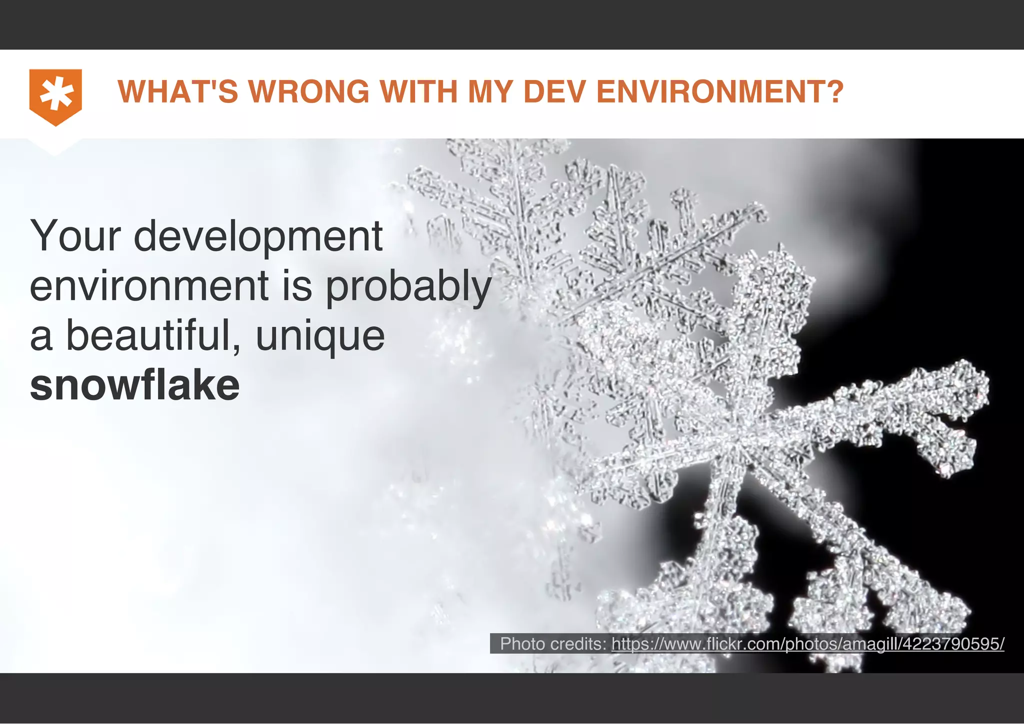 WHAT'S WRONG WITH MY DEV ENVIRONMENT? 
Your development 
environment is probably 
a beautiful, unique 
snowflake 
Photo credits: https://www.flickr.com/photos/amagill/4223790595/ 
 