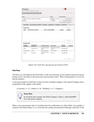 CHAPTER 5. YOUR WAREHOUSE 101
Figure 5.25: Push Flow Speciﬁcation for Product CPU3
Pull Flow
Pull ﬂows are a bit different from Push ﬂows, in the sense that they are not related to the processing of
product moves, but rather to the processing of procurement orders. What is being pulled is a need, not
directly products.
A classical example of a Pull ﬂow is when you have an Outlet company, with a parent Company that is
responsible for the supplies of the Outlet.
[ Customer ] <- A - [ Outlet ] <- B - [ Holding ] <- C - [ Supplier ]
Demo Data
In our demo data example, the Outlet Company is Shop 1, while OpenERP
SA is the parent company.
When a new procurement order A (resulting from the conﬁrmation of a Sales Order, for example) is
created in the Outlet (Shop 1), it is converted into another procurement B (through a Pull ﬂow of the
 