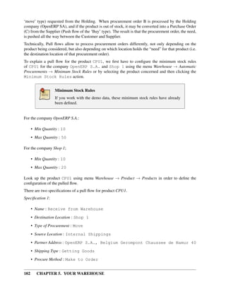 102 CHAPTER 5. YOUR WAREHOUSE
‘move’ type) requested from the Holding. When procurement order B is processed by the Holding
company (OpenERP SA), and if the product is out of stock, it may be converted into a Purchase Order
(C) from the Supplier (Push ﬂow of the ‘Buy’ type). The result is that the procurement order, the need,
is pushed all the way between the Customer and Supplier.
Technically, Pull ﬂows allow to process procurement orders differently, not only depending on the
product being considered, but also depending on which location holds the “need” for that product (i.e.
the destination location of that procurement order).
To explain a pull ﬂow for the product CPU1, we ﬁrst have to conﬁgure the minimum stock rules
of CPU1 for the company OpenERP S.A. and Shop 1 using the menu Warehouse → Automatic
Procurements → Minimum Stock Rules or by selecting the product concerned and then clicking the
Minimum Stock Rules action.
Minimum Stock Rules
If you work with the demo data, these minimum stock rules have already
been deﬁned.
For the company OpenERP S.A.:
• Min Quantity : 10
• Max Quantity : 50
For the company Shop 1;
• Min Quantity : 10
• Max Quantity : 20
Look up the product CPU1 using menu Warehouse → Product → Products in order to deﬁne the
conﬁguration of the pulled ﬂow.
There are two speciﬁcations of a pull ﬂow for product CPU1.
Speciﬁcation 1:
• Name : Receive from Warehouse
• Destination Location : Shop 1
• Type of Procurement : Move
• Source Location : Internal Shippings
• Partner Address : OpenERP S.A., Belgium Gerompont Chaussee de Namur 40
• Shipping Type : Getting Goods
• Procure Method : Make to Order
 