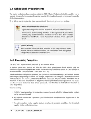 110 CHAPTER 5. YOUR WAREHOUSE
5.4 Scheduling Procurements
The master production plan, sometimes called the MPS (Master Production Schedule), enables you to
generate forecasts for incoming and outgoing material. It is based on forecasts of inputs and outputs by
the logistics manager.
To be able to use the production plan, you must install the stock_planning module.
MPS, Procurement and Production
OpenERP distinguishes between Production, Purchase and Procurement.
Production is manufacturing, Purchase is the acquisition of goods from
another party, and Procurement is either one or both of those. So it would be
better to call the MPS the Master Procurement Schedule. Which OpenERP
does!
Product Trading
Also called the Production Plan, this tool is also very useful for traded
products which are not manufactured. You can use it for stock management
with purchased and manufactured products.
5.4.1 Processing Exceptions
The set of stock requirements is generated by procurement orders.
In normal system use, you do not need to worry about procurement orders because they are
automatically generated by OpenERP and the user will usually work on the results of a procurement: a
production order, a purchase order, a sales order and a task.
If there should be conﬁguration problems, the system can remain blocked by a procurement without
generating a corresponding document. For example, suppose that you conﬁgure a product Procurement
Method as Make to Order, and Supply Method as Produce, but you have not deﬁned the bill of
materials. In that case, procurement of the product will stay blocked in an exception state No Bill
of Materials defined for this product. You then have to create a bill of materials to
solve the problem.
Troubleshooting:
• No bill of materials deﬁned for production: you need to create a BoM or indicate that the product
can be purchased instead.
• No supplier available for a purchase: you have to deﬁne a supplier in the Supplier tab of the
product form.
• No address deﬁned on the supplier partner: you have to complete an address for the default
supplier for the product concerned.
 