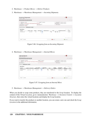 120 CHAPTER 5. YOUR WAREHOUSE
2. Warehouse → Product Moves → Deliver Products
3. Warehouse → Warehouse Management → Incoming Shipments
Figure 5.46: Scrapping from an Incoming Shipment
4. Warehouse → Warehouse Management → Internal Moves
Figure 5.47: Scrapping from an Internal Move
5. Warehouse → Warehouse Management → Delivery Orders
When you decide to scrap some products, they are transferred to the Scrap location. To display the
content of this Virtual Location, go to :menuselection: Warehouse –> Inventory Control –> Location
Structure, then select the virtual locations and display the Scrap location.
If you want to transfer the products to another location, you can create a new one and check the Scrap
Location in the additional information.
 