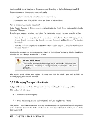 122 CHAPTER 5. YOUR WAREHOUSE
location or link several locations to the same account, depending on the level of analysis needed.
You use this system for managing consigned stocks:
• a supplier location that is valued in your own accounts or,
• a location in your own company that is not valued in your accounts.
How to Conﬁgure Accounting Valuation?
In the Product form, go to the Accounting tab and select the Real Time (automated) option for
Inventory Valuation,
To deﬁne your accounts, you have two options. Set them on the product category, or on the product.
1. From the Accounting Stock Properties section, for the Product Category, set the
Stock Input Account, the Stock Output Account and the Stock Variation
Account,
2. From the Accounting tab, for the Product, set the Stock Input Account and the Stock
Output Account.
You can also overwrite the accounts from the Product or the Product Category by deﬁning Stock Input
Account and Stock Output Account for a Location.
account_anglo_saxon
You can also install the account_anglo_saxon module (Reconﬁgure wizard,
Anglo-Saxon Accounting) to value your stock according to Anglo-saxon
principles.
The ﬁgure below shows the various accounts that can be used, with and without the
account_anglo_saxon module installed.
5.8.2 Managing Transportation Costs
In OpenERP, you can handle the delivery methods when installing the delivery module.
This module will allow you:
• To select the delivery company
• To deﬁne the delivery pricelist according to the price, the weight or the volume.
Now, in each Delivery Order, two new ﬁelds are available to enter the right value to deliver the products
to the customer. You can also ﬁnd a new ﬁeld in the Sales Order form that enables you to select a
delivery method.
 