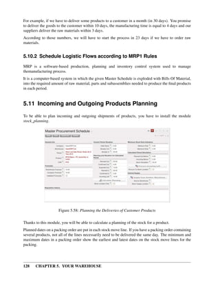 128 CHAPTER 5. YOUR WAREHOUSE
For example, if we have to deliver some products to a customer in a month (in 30 days). You promise
to deliver the goods to the customer within 10 days, the manufacturing time is equal to 4 days and our
suppliers deliver the raw materials within 3 days.
According to those numbers, we will have to start the process in 23 days if we have to order raw
materials.
5.10.2 Schedule Logistic Flows according to MRP1 Rules
MRP is a software-based production, planning and inventory control system used to manage
themanufacturing process.
It is a computer-based system in which the given Master Schedule is exploded with Bills Of Material,
into the required amount of raw material, parts and subassemblies needed to produce the ﬁnal products
in each period.
5.11 Incoming and Outgoing Products Planning
To be able to plan incoming and outgoing shipments of products, you have to install the module
stock_planning.
Figure 5.58: Planning the Deliveries of Customer Products
Thanks to this module, you will be able to calculate a planning of the stock for a product.
Planned dates on a packing order are put in each stock move line. If you have a packing order containing
several products, not all of the lines necessarily need to be delivered the same day. The minimum and
maximum dates in a packing order show the earliest and latest dates on the stock move lines for the
packing.
 