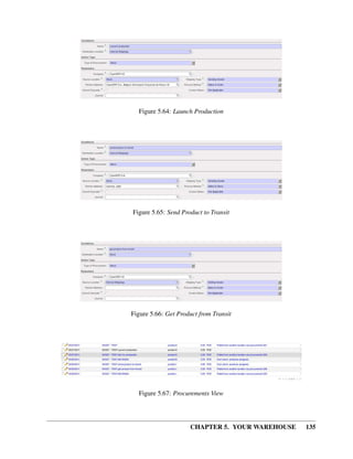 CHAPTER 5. YOUR WAREHOUSE 135
Figure 5.64: Launch Production
Figure 5.65: Send Product to Transit
Figure 5.66: Get Product from Transit
Figure 5.67: Procurements View
 