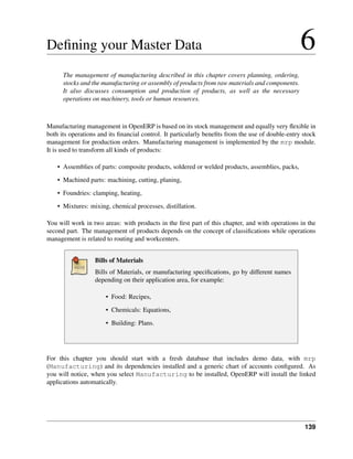 139
Deﬁning your Master Data 6
The management of manufacturing described in this chapter covers planning, ordering,
stocks and the manufacturing or assembly of products from raw materials and components.
It also discusses consumption and production of products, as well as the necessary
operations on machinery, tools or human resources.
Manufacturing management in OpenERP is based on its stock management and equally very ﬂexible in
both its operations and its ﬁnancial control. It particularly beneﬁts from the use of double-entry stock
management for production orders. Manufacturing management is implemented by the mrp module.
It is used to transform all kinds of products:
• Assemblies of parts: composite products, soldered or welded products, assemblies, packs,
• Machined parts: machining, cutting, planing,
• Foundries: clamping, heating,
• Mixtures: mixing, chemical processes, distillation.
You will work in two areas: with products in the ﬁrst part of this chapter, and with operations in the
second part. The management of products depends on the concept of classiﬁcations while operations
management is related to routing and workcenters.
Bills of Materials
Bills of Materials, or manufacturing speciﬁcations, go by different names
depending on their application area, for example:
• Food: Recipes,
• Chemicals: Equations,
• Building: Plans.
For this chapter you should start with a fresh database that includes demo data, with mrp
(Manufacturing) and its dependencies installed and a generic chart of accounts conﬁgured. As
you will notice, when you select Manufacturing to be installed, OpenERP will install the linked
applications automatically.
 