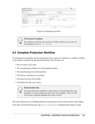 CHAPTER 6. DEFINING YOUR MASTER DATA 151
Figure 6.8: Manufacturing Order
Procurement Exceptions
Pay attention to the fact that you have to deﬁne minimum stock rules for
each product set as Make to Stock.
6.5 Complete Production Workﬂow
To understand the usefulness and the functioning of the system you should test a complete workﬂow
on the database installed with the demonstration data. We will show you:
• How to create a sales order,
• The manufacturing workﬂow for an intermediate product,
• The manufacturing of an ordered product,
• The delivery of products to a customer,
• Invoicing at the end of the month,
• Traceability for after-sales service.
Demonstration data
To exactly follow the workﬂow as shown below, you should keep the same
quantities as in the example and start from a new database. Then you will
not run into exceptions resulting from a lack of stock.
This more advanced case of handling problems in procurement will be sorted out later in the chapter.
To be able to do the following step, add Sales Management through the Reconﬁgure wizard.
 