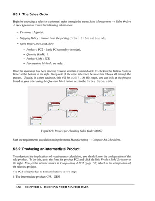152 CHAPTER 6. DEFINING YOUR MASTER DATA
6.5.1 The Sales Order
Begin by encoding a sales (or customer) order through the menu Sales Management → Sales Orders
-> New Quotation. Enter the following information:
• Customer : Agrolait,
• Shipping Policy : Invoice from the picking (Other Information tab),
• Sales Order Lines, click New:
– Product : PC2 – Basic PC (assembly on order),
– Quantity (UoM) : 1,
– Product UoM : PCE,
– Procurement Method : on order.
Once the quotation has been entered, you can conﬁrm it immediately by clicking the button Conﬁrm
Order at the bottom to the right. Keep note of the order reference because this follows all through the
process. Usually, in a new database, this will be SO007 . At this stage, you can look at the process
linked to your order using the Question Mark button next to the Sales Orders title.
Figure 6.9: Process for Handling Sales Order SO007
Start the requirements calculation using the menu Manufacturing → Compute All Schedulers.
6.5.2 Producing an Intermediate Product
To understand the implications of requirements calculation, you should know the conﬁguration of the
sold product. To do this, go to the form for product PC2 and click the link Product BoM Structure to
the right. You get the scheme shown in Composition of PC2 (page 153) which is the composition of
the selected product.
The PC2 computer has to be manufactured in two steps:
1: The intermediate product: CPU_GEN
 